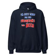 "I'm Just Here for the Fireworks and Beer Hoodie in navy blue, soft cozy fabric, perfect for cooler evenings"