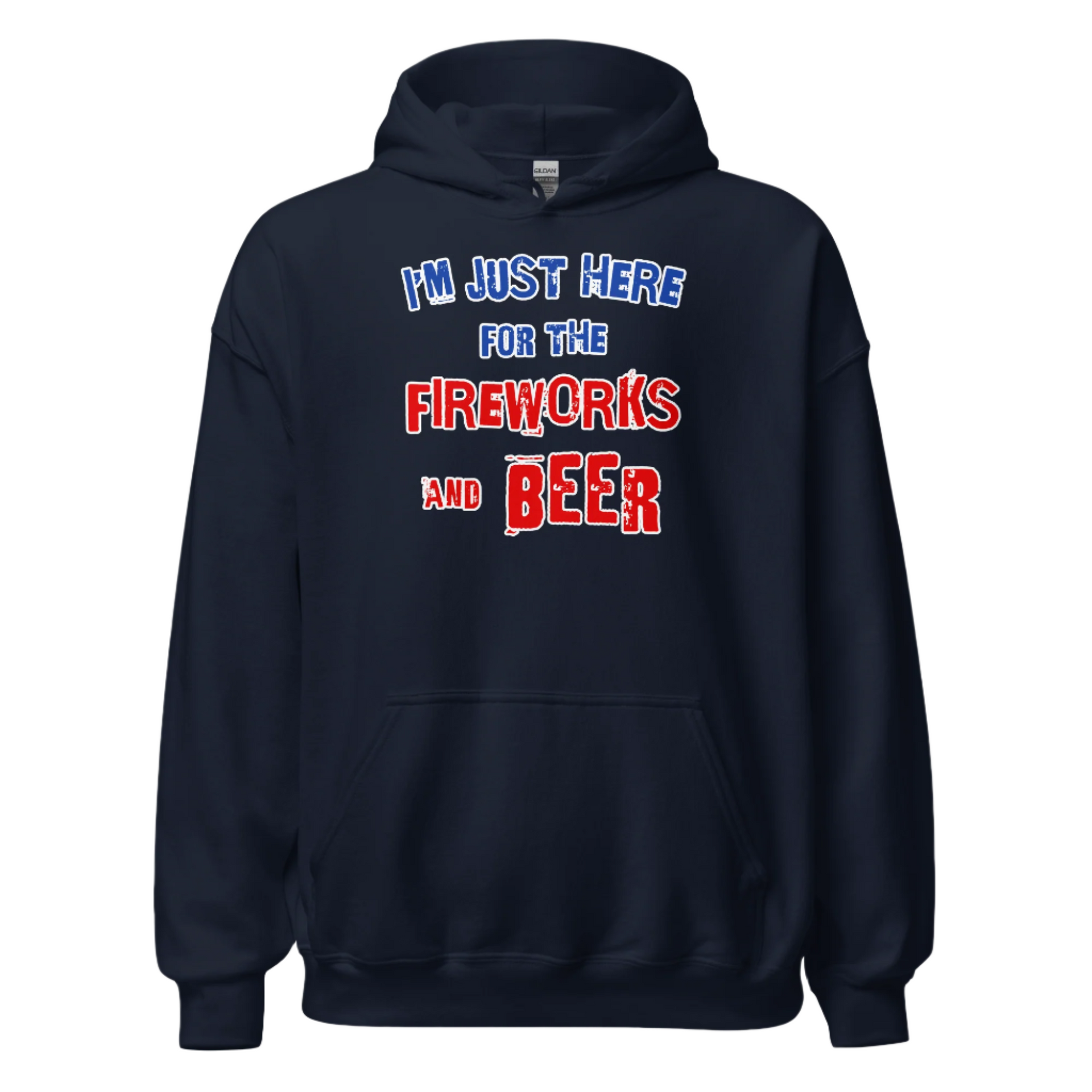 "I'm Just Here for the Fireworks and Beer Hoodie in navy blue, soft cozy fabric, perfect for cooler evenings"
