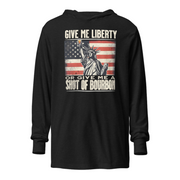 Lightweight hoodie with Give Me Liberty or Give Me a Shot of Bourbon text, Statue of Liberty holding a shot glass, and distressed American flag background. Perfect for 4th of July.
