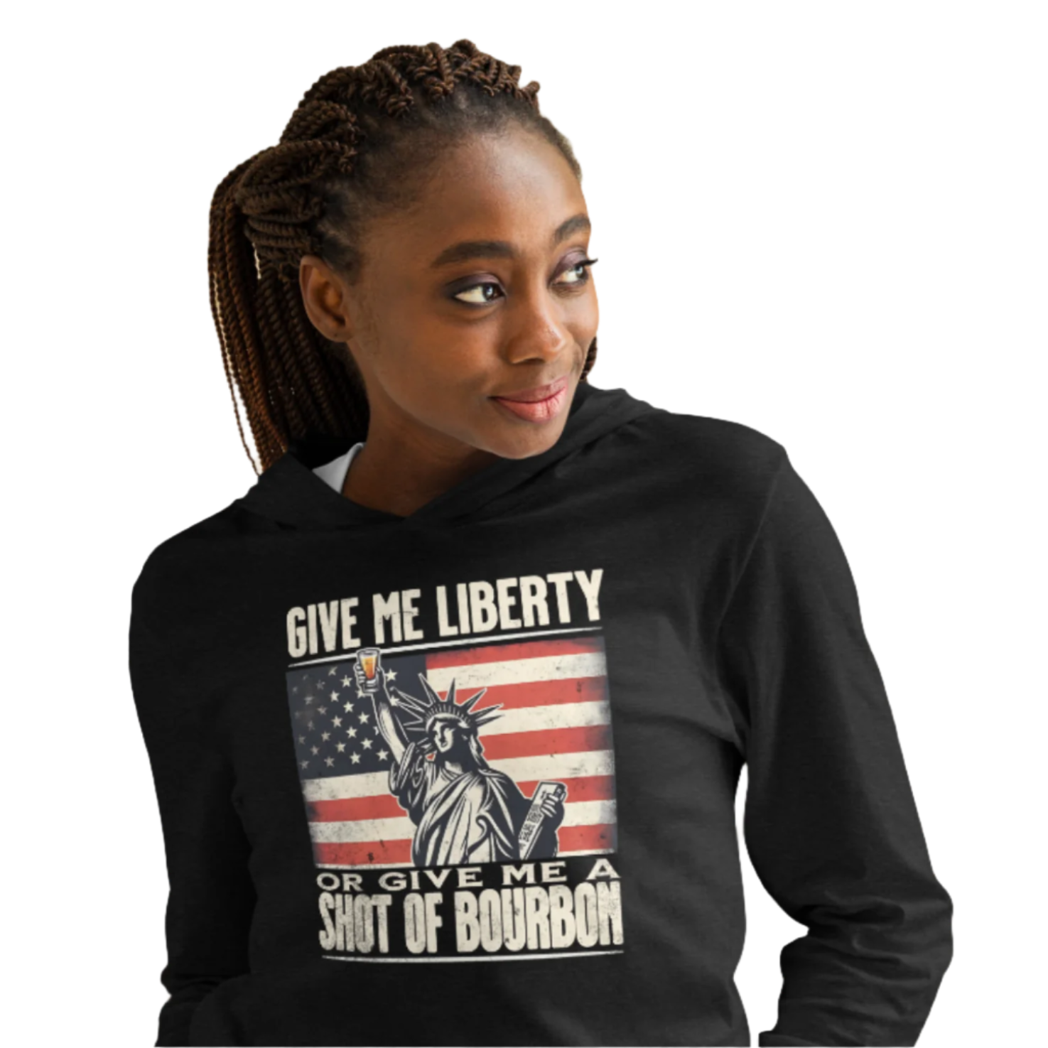 Lightweight hoodie with Give Me Liberty or Give Me a Shot of Bourbon text, Statue of Liberty holding a shot glass, and distressed American flag background. Perfect for 4th of July.