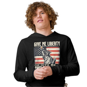 Lightweight hoodie with Give Me Liberty or Give Me a Shot of Bourbon text, Statue of Liberty holding a shot glass, and distressed American flag background. Perfect for 4th of July.