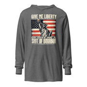 Lightweight hoodie with Give Me Liberty or Give Me a Shot of Bourbon text, Statue of Liberty holding a shot glass, and distressed American flag background. Perfect for 4th of July.