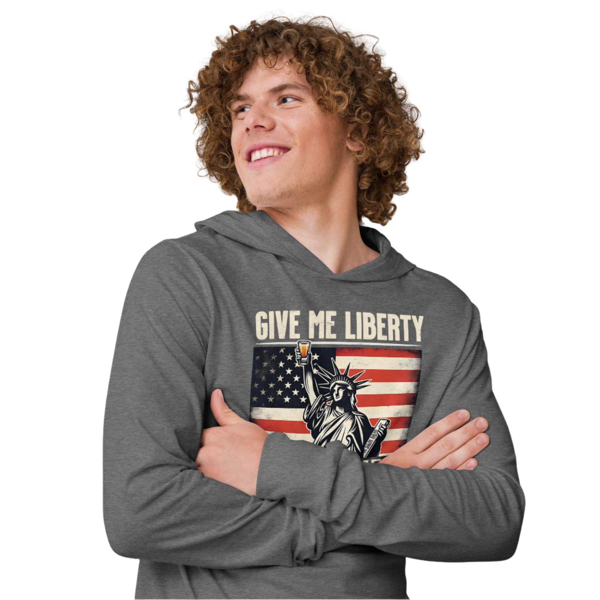Lightweight hoodie with Give Me Liberty or Give Me a Shot of Bourbon text, Statue of Liberty holding a shot glass, and distressed American flag background. Perfect for 4th of July.
