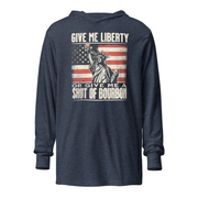Lightweight hoodie with Give Me Liberty or Give Me a Shot of Bourbon text, Statue of Liberty holding a shot glass, and distressed American flag background. Perfect for 4th of July.