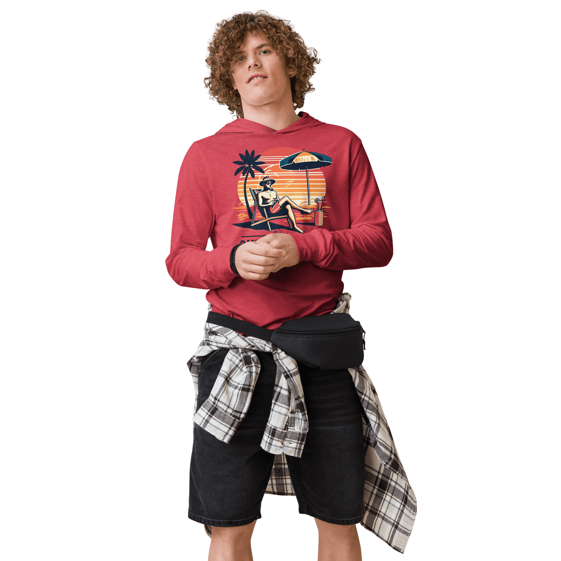 Lightweight hoodie with a retro design of a man in a beach chair with a cocktail, embodying the 'Sorry, Out of Office' message.