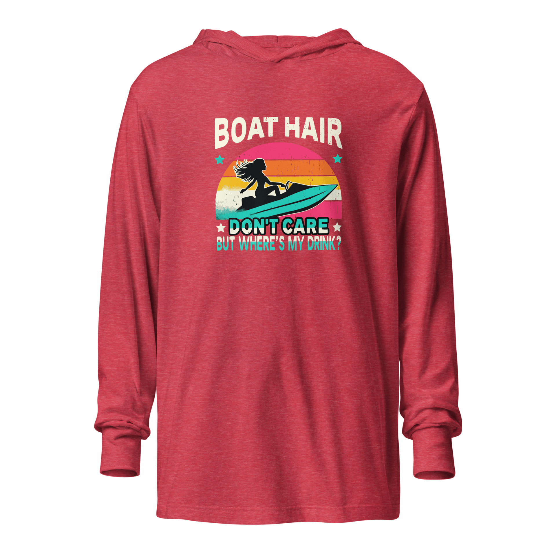 Lightweight hoodie with "Boar Hair Don't Care, But Where's My Drink?" and a woman on a jet ski, set against a retro sunset.