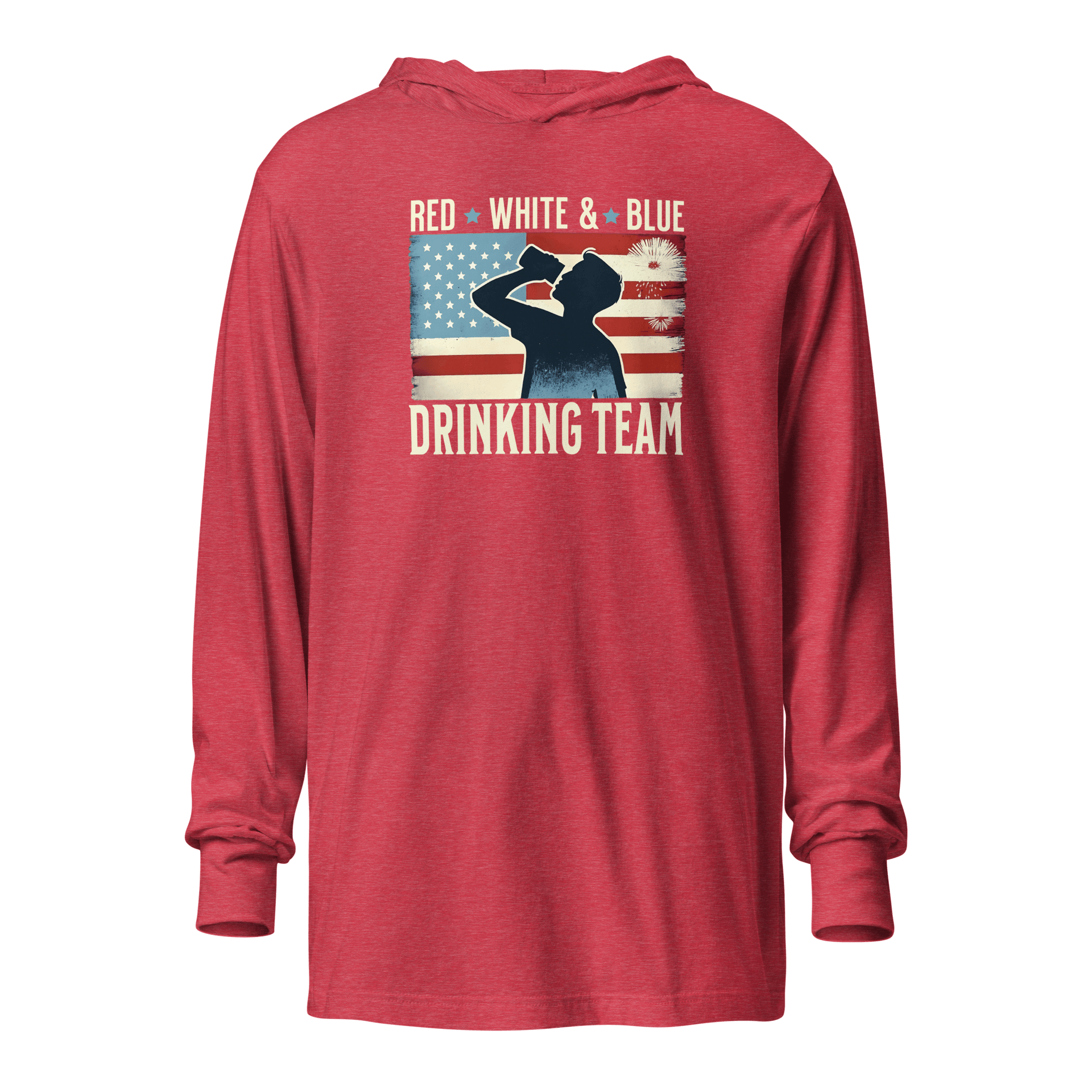 Lightweight hoodie with Red White and Blue Drinking Team text, man drinking beer, and distressed American flag background. Perfect for 4th of July.