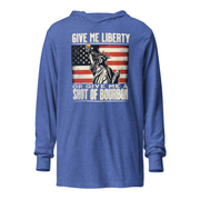 Lightweight hoodie with Give Me Liberty or Give Me a Shot of Bourbon text, Statue of Liberty holding a shot glass, and distressed American flag background. Perfect for 4th of July.