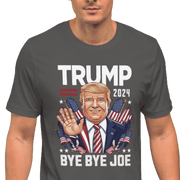 Man wearing Trump 2024 Bye Bye Joe funny tee with playful illustration of President Trump waving