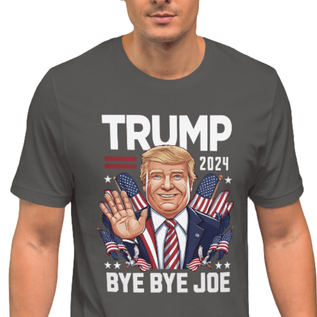 Man wearing Trump 2024 Bye Bye Joe funny tee with playful illustration of President Trump waving