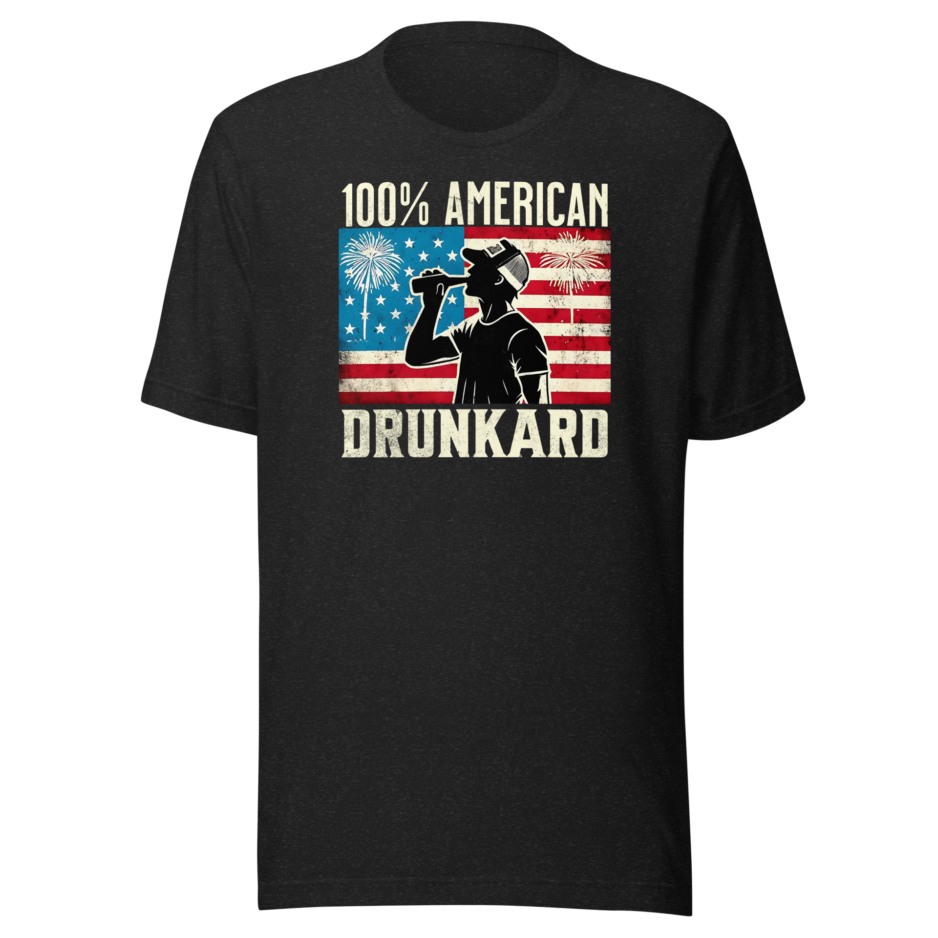 4th of July T-shirt with '100% American Drunkard' text, man drinking a bottle of beer wearing a trucker hat, and distressed American flag background
