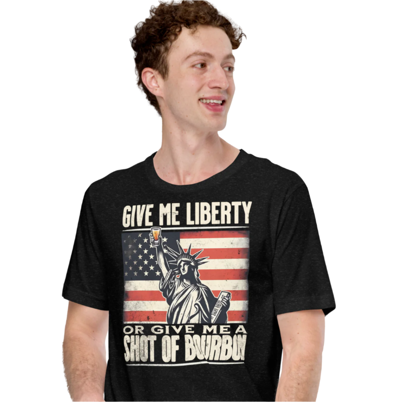 T-shirt with Give Me Liberty or Give Me a Shot of Bourbon text, Statue of Liberty holding a shot glass, and distressed American flag background. Perfect for 4th of July.