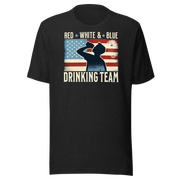 T-shirt with Red White and Blue Drinking Team text, man drinking beer, and distressed American flag background. Perfect for 4th of July.