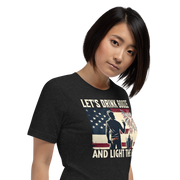 4th of July T-shirt with 'Let's Drink Booze and Light the Fuse' text, featuring a festive, patriotic theme