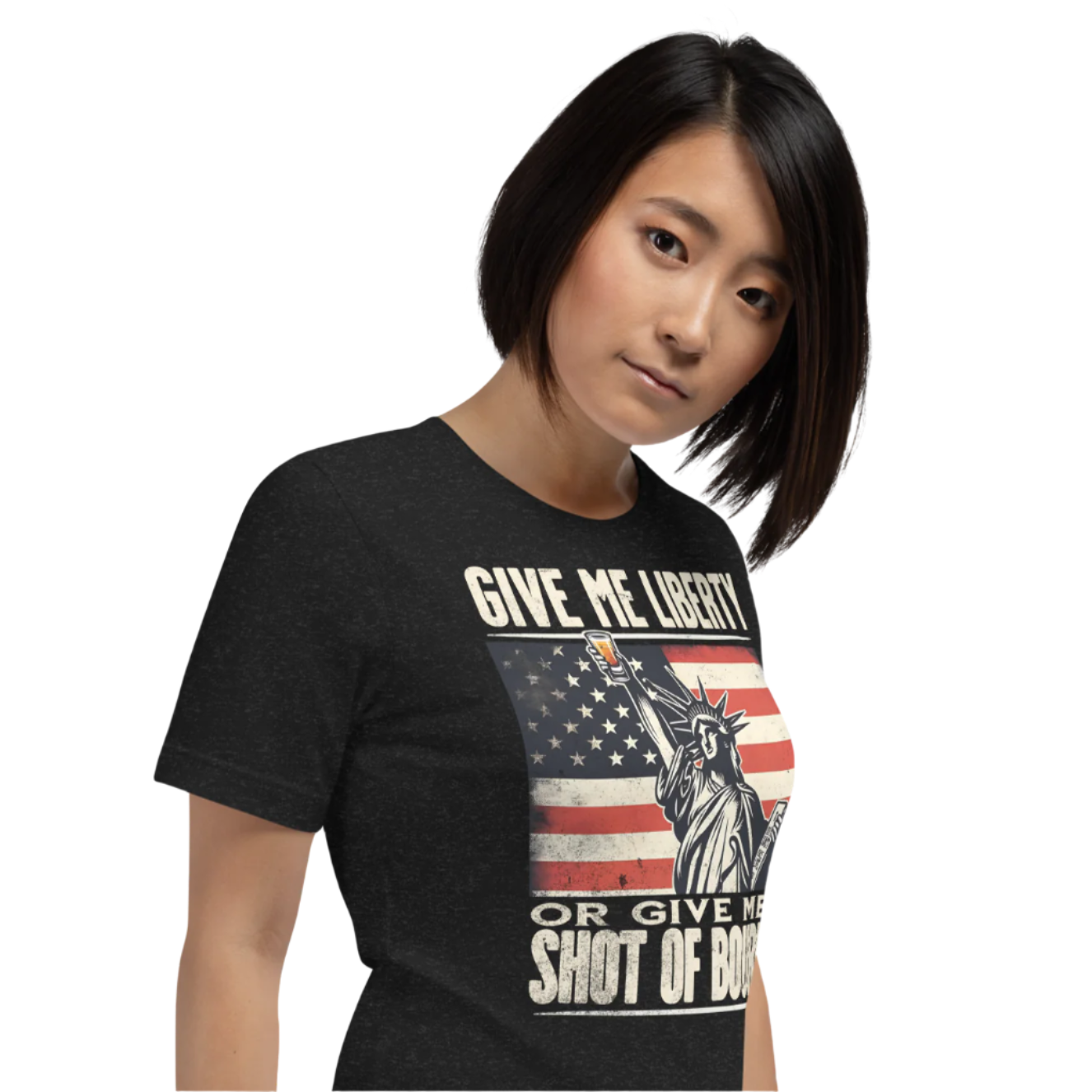 T-shirt with Give Me Liberty or Give Me a Shot of Bourbon text, Statue of Liberty holding a shot glass, and distressed American flag background. Perfect for 4th of July.