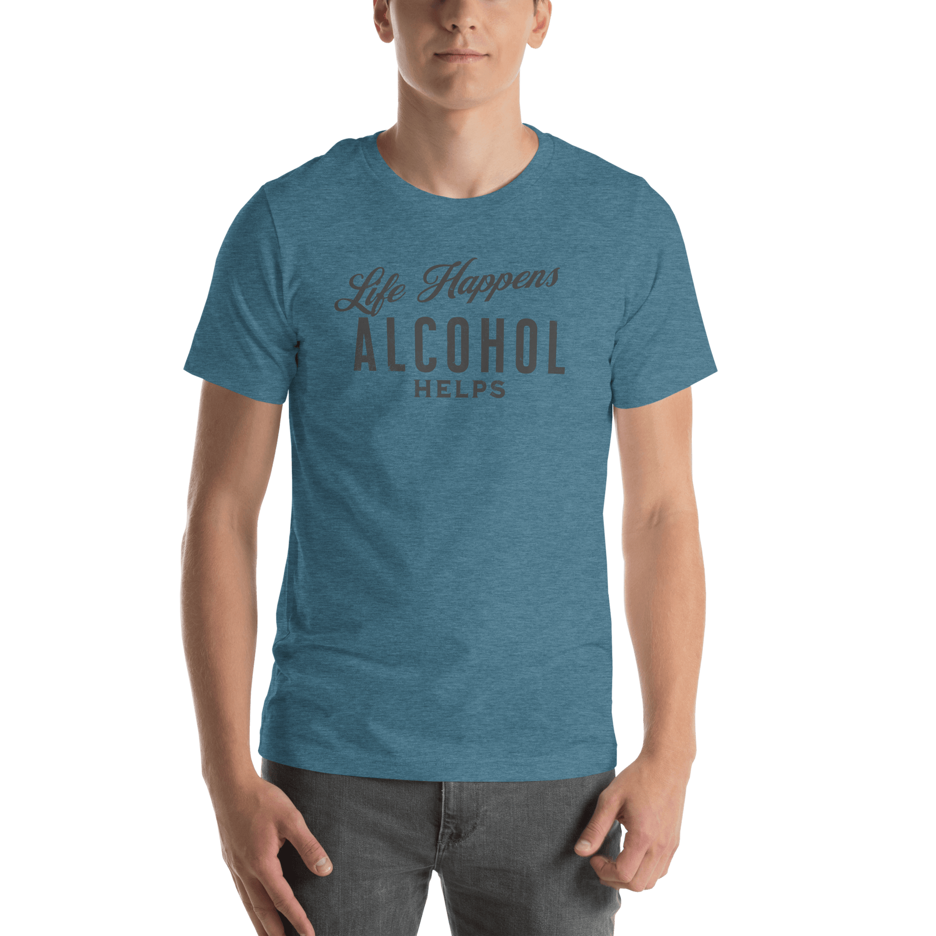 "Life Happens Alcohol Helps" T-Shirt: Embrace Fun! Get your hands on the ultimate funny drinking t-shirt. Comfortable, lightweight, and perfect for all. Dive into fun with style!