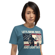 4th of July T-shirt with 'Let's Drink Booze and Light the Fuse' text, featuring a festive, patriotic theme