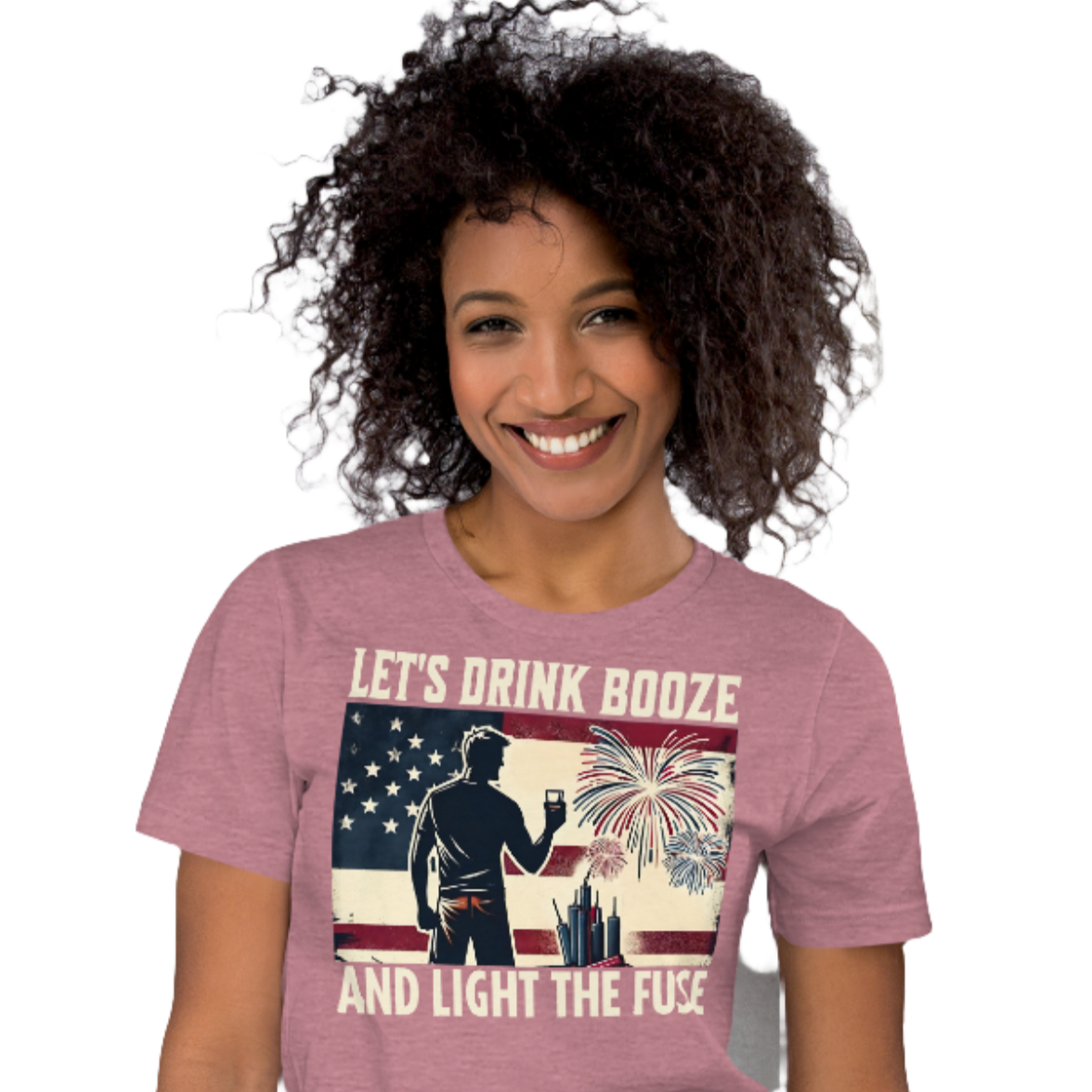 4th of July T-shirt with 'Let's Drink Booze and Light the Fuse' text, featuring a festive, patriotic theme