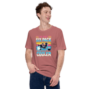Tee with "The Only Six-Pack I'm Working On Is In The Cooler" and a graphic of a man lounging in a beach chair with a beer.