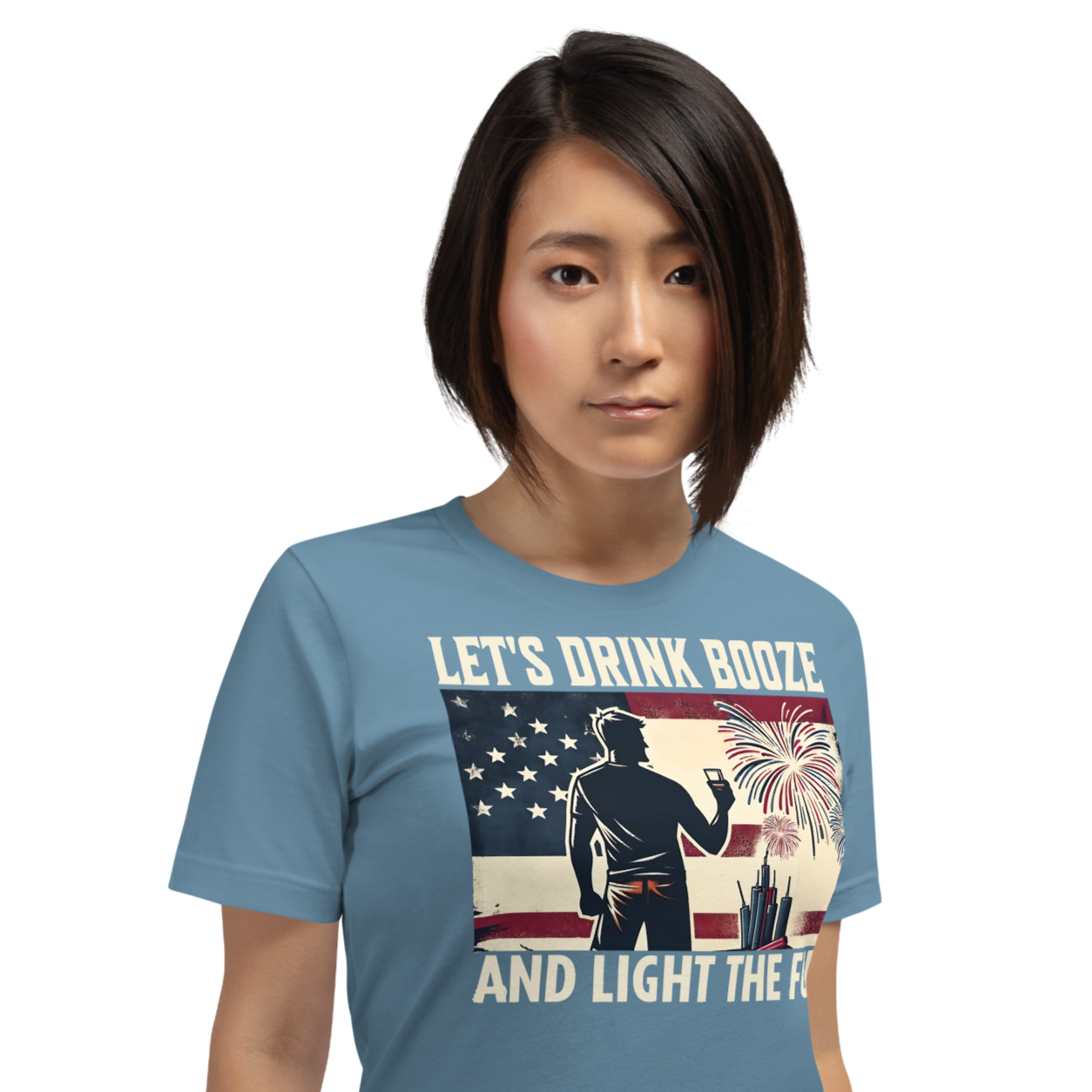 4th of July T-shirt with 'Let's Drink Booze and Light the Fuse' text, featuring a festive, patriotic theme