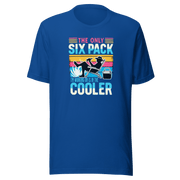 Tee with "The Only Six-Pack I'm Working On Is In The Cooler" and a graphic of a man lounging in a beach chair with a beer.