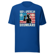 4th of July T-shirt with '100% American Drunkard' text, man drinking a bottle of beer wearing a trucker hat, and distressed American flag background