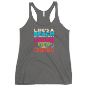 Racerback tank with "Life's a Beach but I Prefer It with a Lakeside View and a Cocktail" in bright, lively colors.