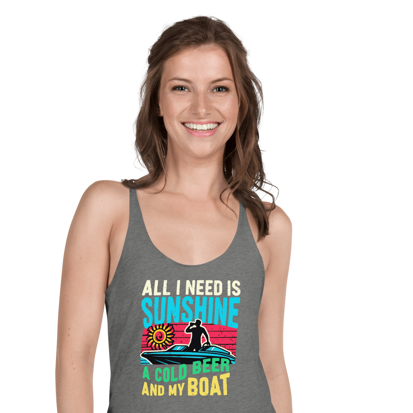 Racerback tank featuring "All I Need Is Sunshine, a Cold Beer, and My Boat," with a man in a boat and a retro sunset.