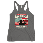 Racerback tank with Celebrating America One Shot at a Time text, silhouette of a man drinking a shot, and distressed American flag background. Perfect for 4th of July.