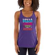 Racerback tank with "Life's a Beach but I Prefer It with a Lakeside View and a Cocktail" in bright, lively colors.