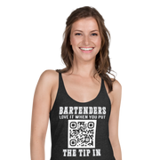 Customizable tank top for bartenders. Features a "Put the Tip In" phrase and a QR code for easy tipping. Ideal gift for bartenders.