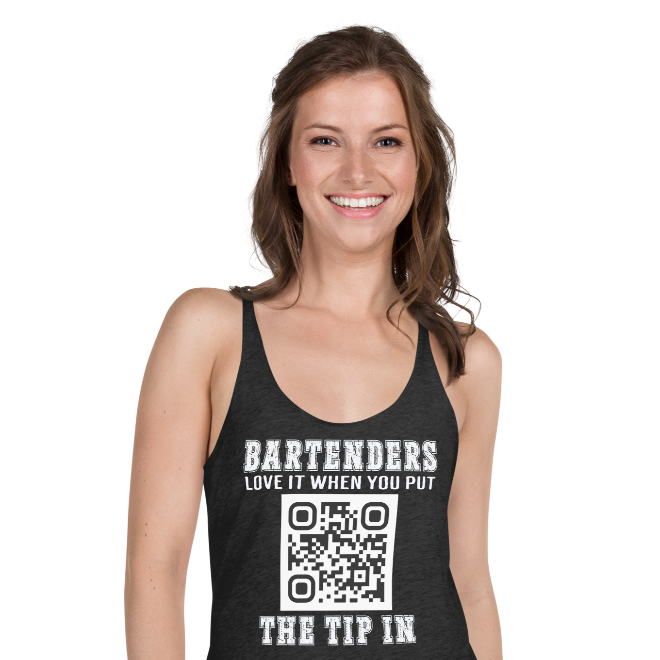 Customizable tank top for bartenders. Features a "Put the Tip In" phrase and a QR code for easy tipping. Ideal gift for bartenders.