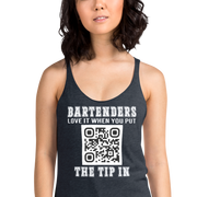Customizable tank top for bartenders. Features a "Put the Tip In" phrase and a QR code for easy tipping. Ideal gift for bartenders.
