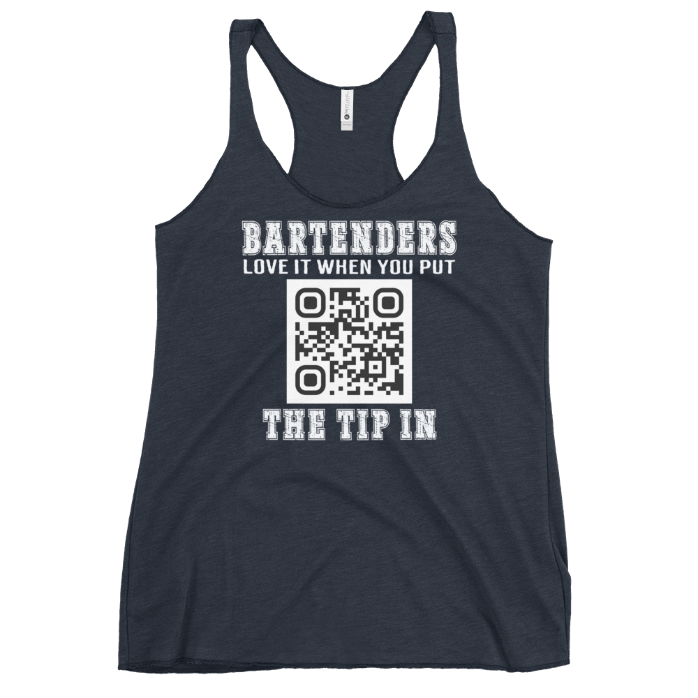 Customizable tank top for bartenders. Features a "Put the Tip In" phrase and a QR code for easy tipping. Ideal gift for bartenders.
