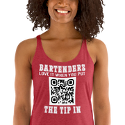 Customizable tank top for bartenders. Features a "Put the Tip In" phrase and a QR code for easy tipping. Ideal gift for bartenders.