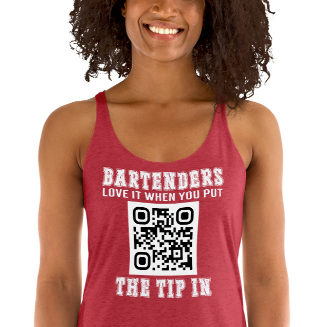 Customizable tank top for bartenders. Features a "Put the Tip In" phrase and a QR code for easy tipping. Ideal gift for bartenders.