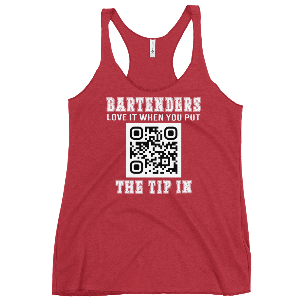 Customizable tank top for bartenders. Features a "Put the Tip In" phrase and a QR code for easy tipping. Ideal gift for bartenders.