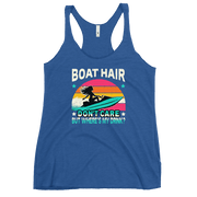 Racerback tank with "Boar Hair Don't Care, But Where's My Drink?" featuring a woman on a jet ski against a sunset.