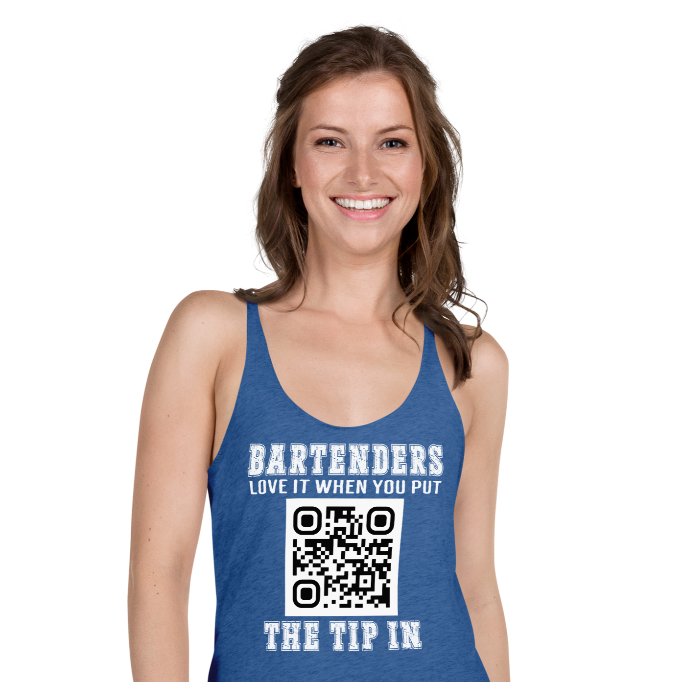 Customizable tank top for bartenders. Features a "Put the Tip In" phrase and a QR code for easy tipping. Ideal gift for bartenders.