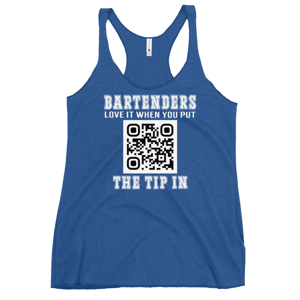 Customizable tank top for bartenders. Features a "Put the Tip In" phrase and a QR code for easy tipping. Ideal gift for bartenders.