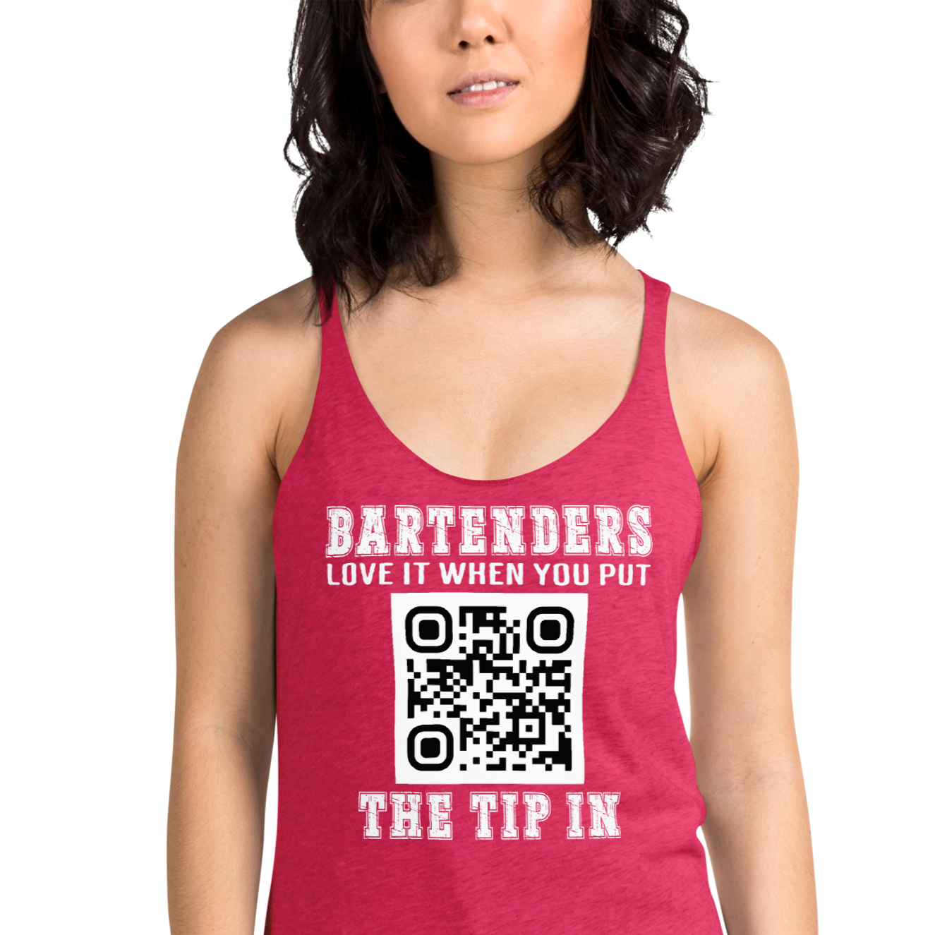 Customizable tank top for bartenders. Features a "Put the Tip In" phrase and a QR code for easy tipping. Ideal gift for bartenders.