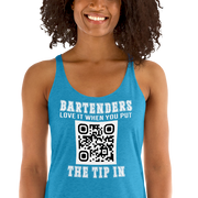 Customizable tank top for bartenders. Features a "Put the Tip In" phrase and a QR code for easy tipping. Ideal gift for bartenders.