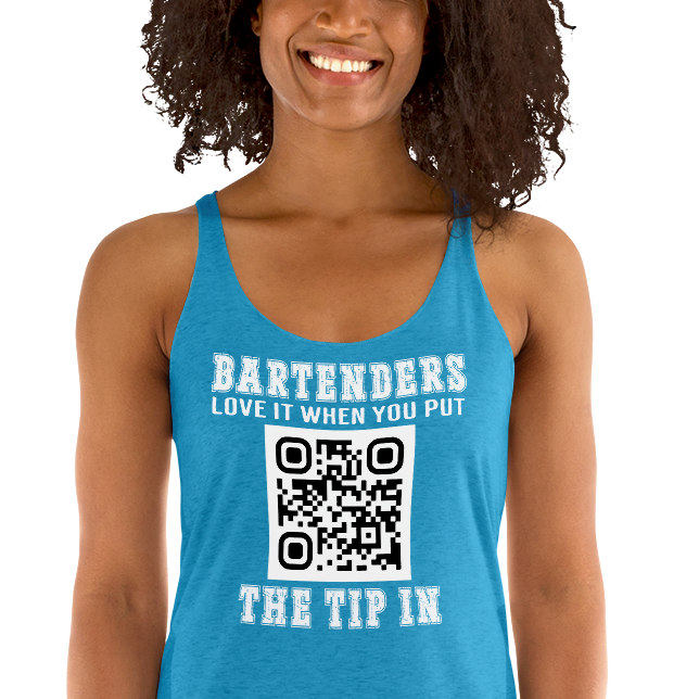 Customizable tank top for bartenders. Features a "Put the Tip In" phrase and a QR code for easy tipping. Ideal gift for bartenders.