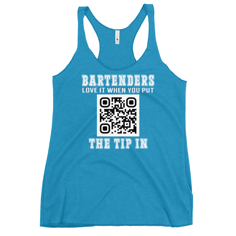 Customizable tank top for bartenders. Features a "Put the Tip In" phrase and a QR code for easy tipping. Ideal gift for bartenders.