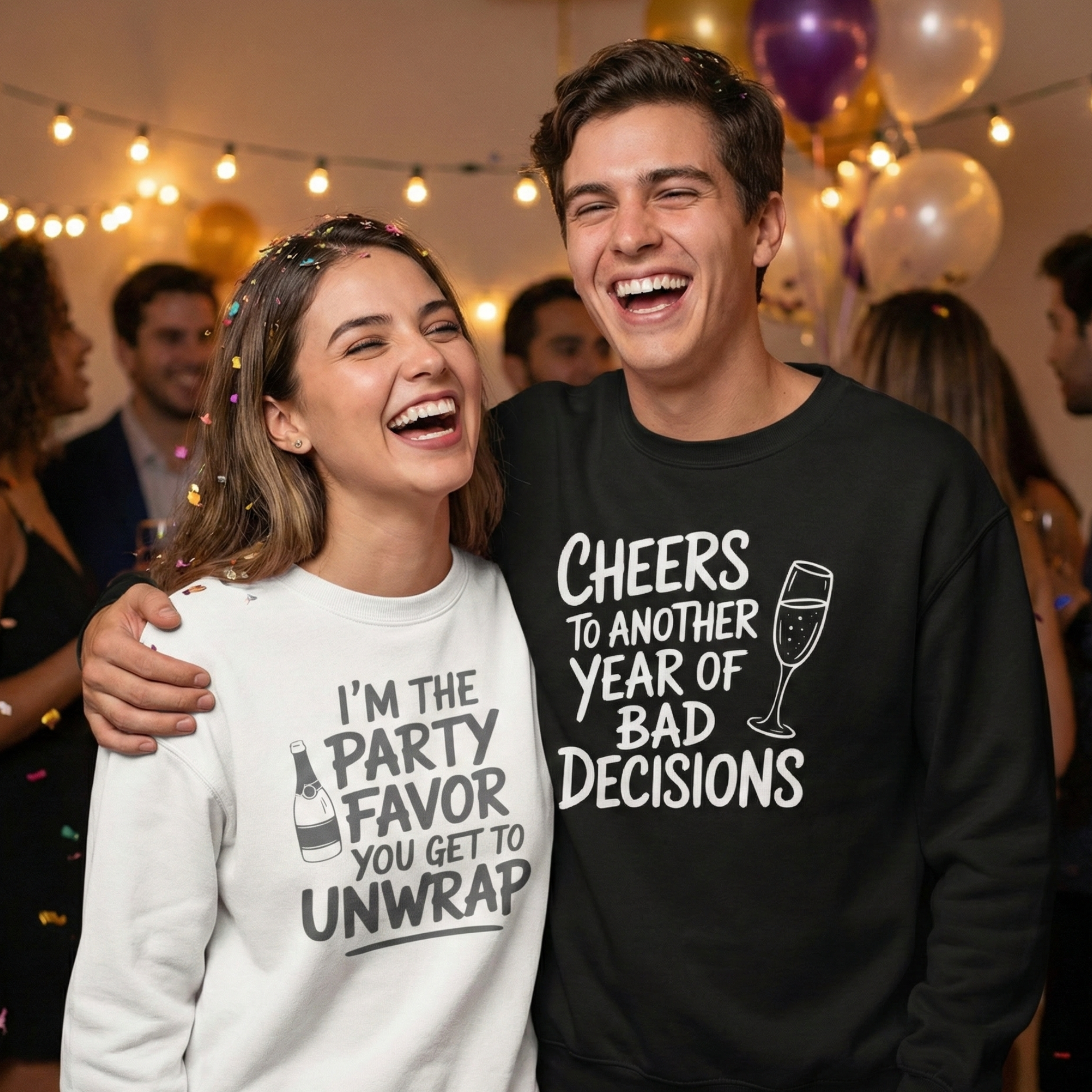 Funny 2026 New Year's Eve apparel for couples. Red long sleeve and black sweatshirt matching set. Humorous party tops for celebrating the new year, making bad decisions, and drinking with friends.