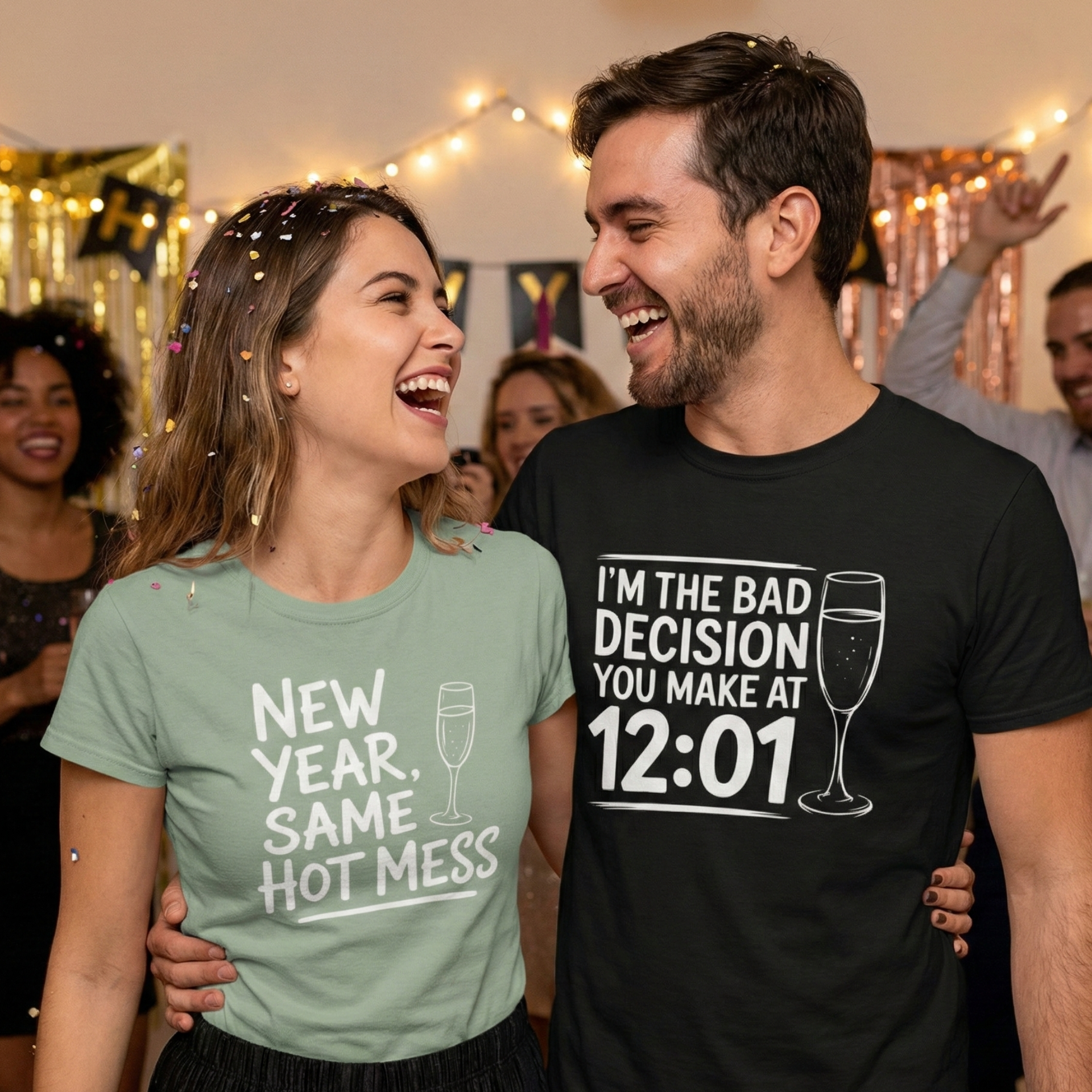 Funny New Year's Eve matching couple shirts. Sage green and black novelty tees for NYE 2026 parties. Humorous drinking apparel and sarcastic holiday outfits for him and her to ring in the new year.