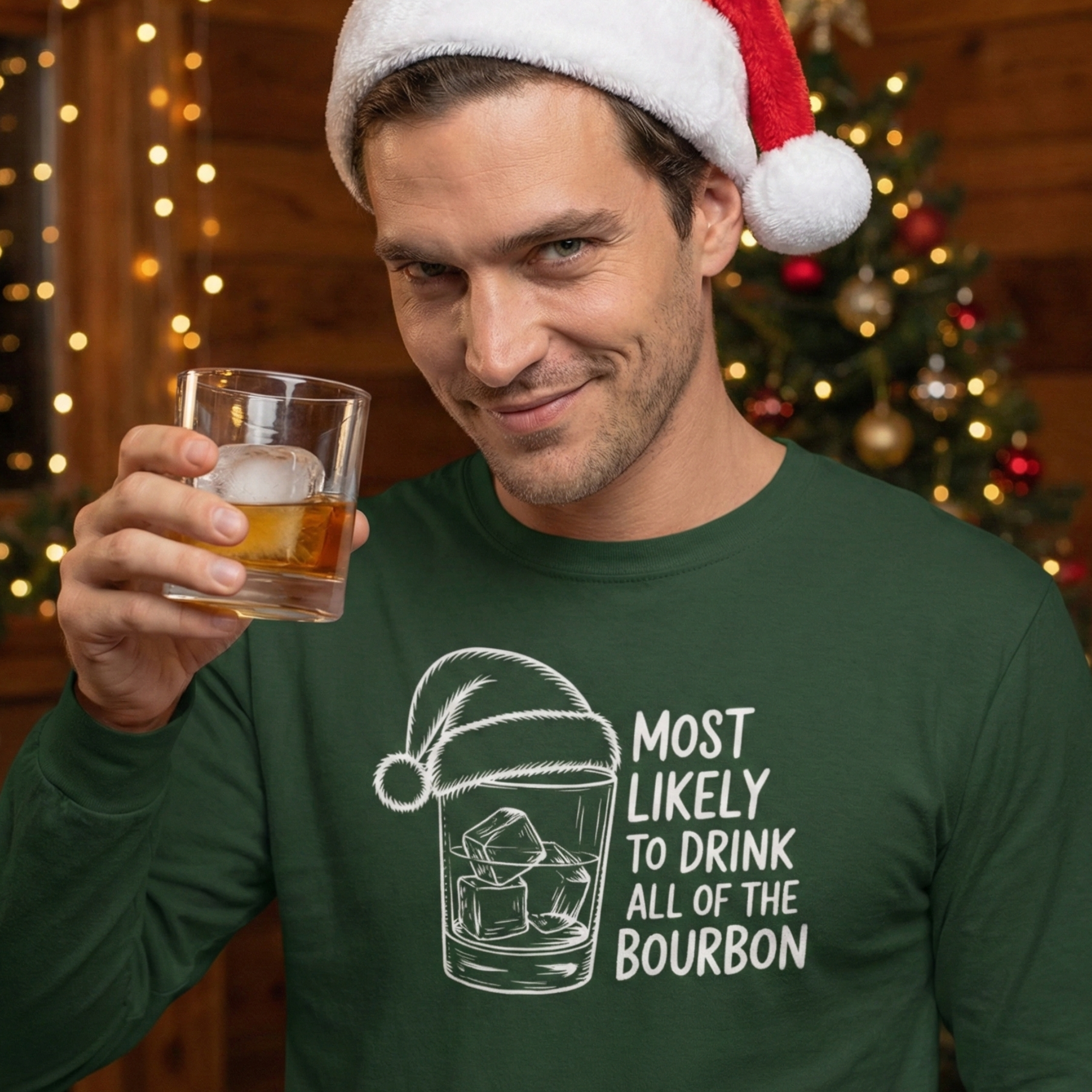 Man wearing a funny Christmas shirt for bourbon lovers holding a glass. This holiday long sleeve features 'Most Likely to Drink All of the Bourbon' text, perfect for Christmas party outfit
