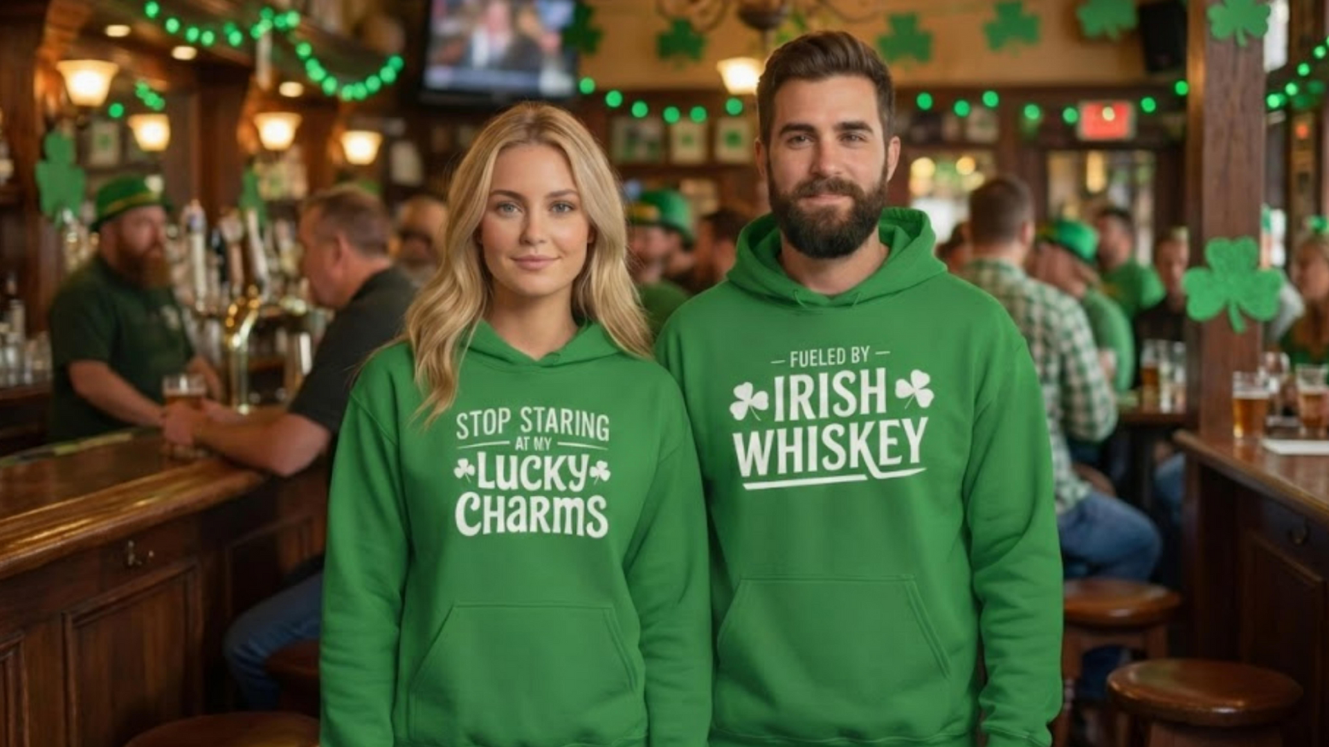 a male and female model wearing green St Patricks Day hoodies, one with the phrase stop staring at my lucky charms and the other with the phrase Fueled by Irish Whiskey. They are in a pub setting with shamrocks and green beer. my lucky charms and 