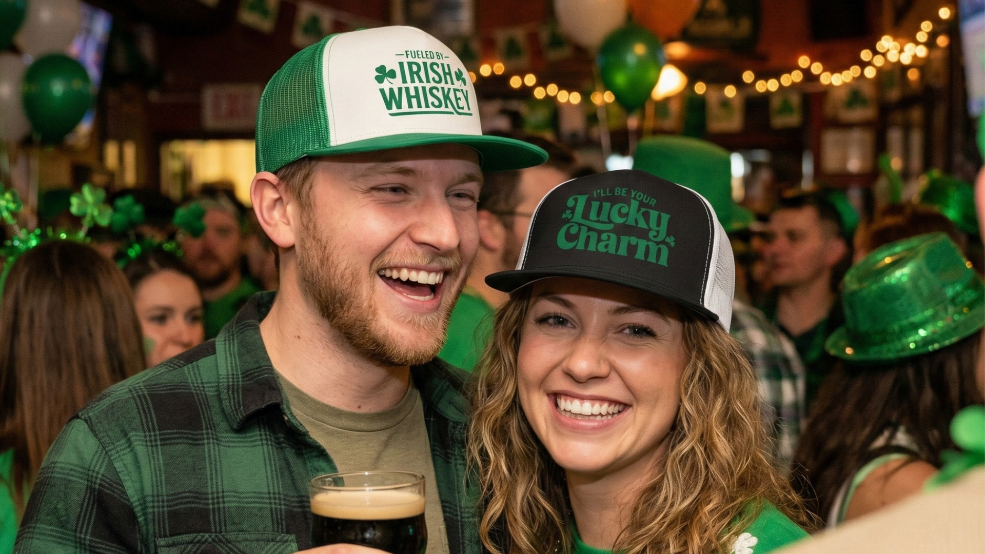 a couple wearing funny St Patricks day truckers hat at a st patricks day party