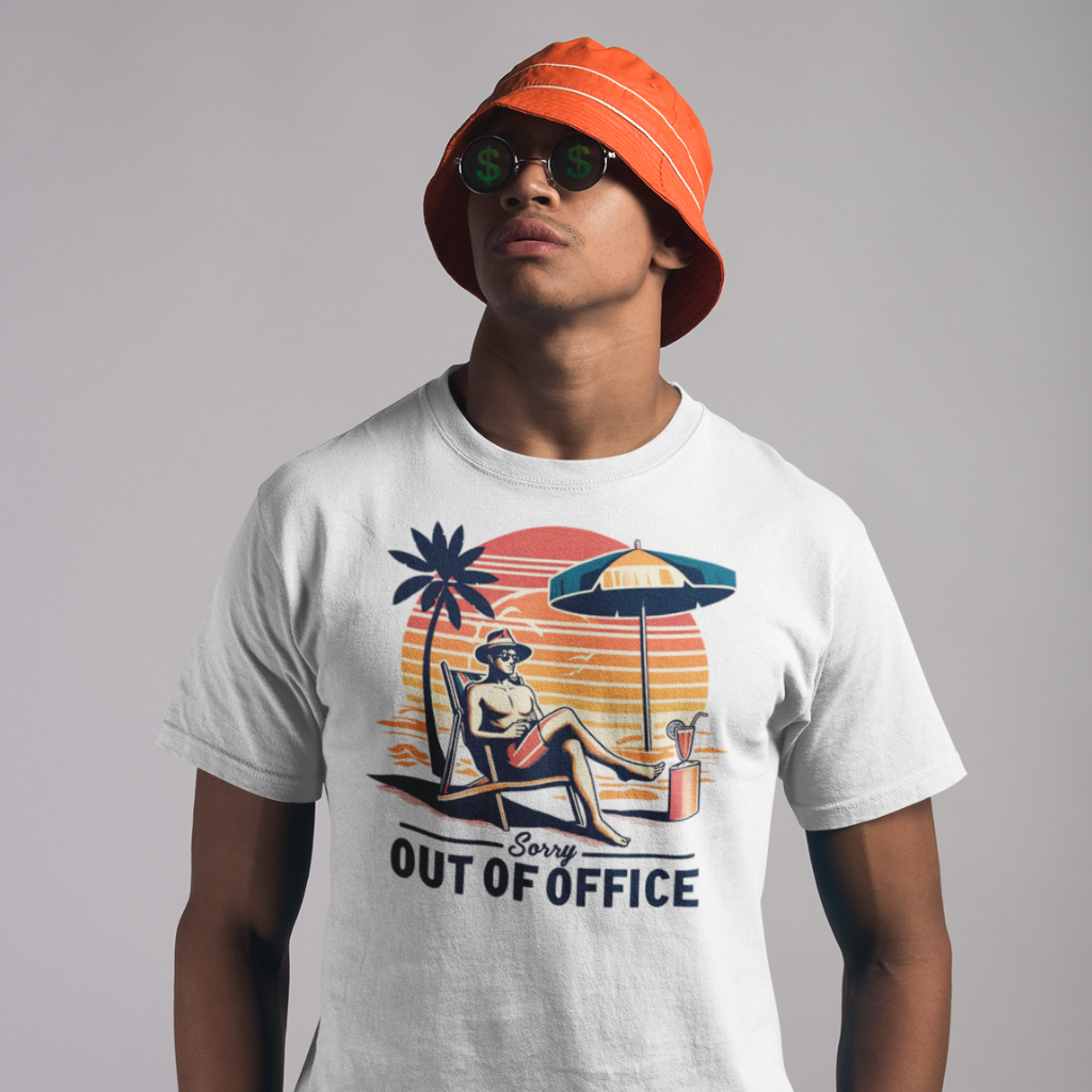 man wearing a tee with the phrase sorry out of office  with the image of a man lounging in a chair at the beach with a drink in his hand and a retro sunset in the background